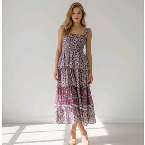 atl abel the label maxi dress Abel The Label ATL Strapless Tiered Maxi Dress Smocked Bodice Floral Hippie